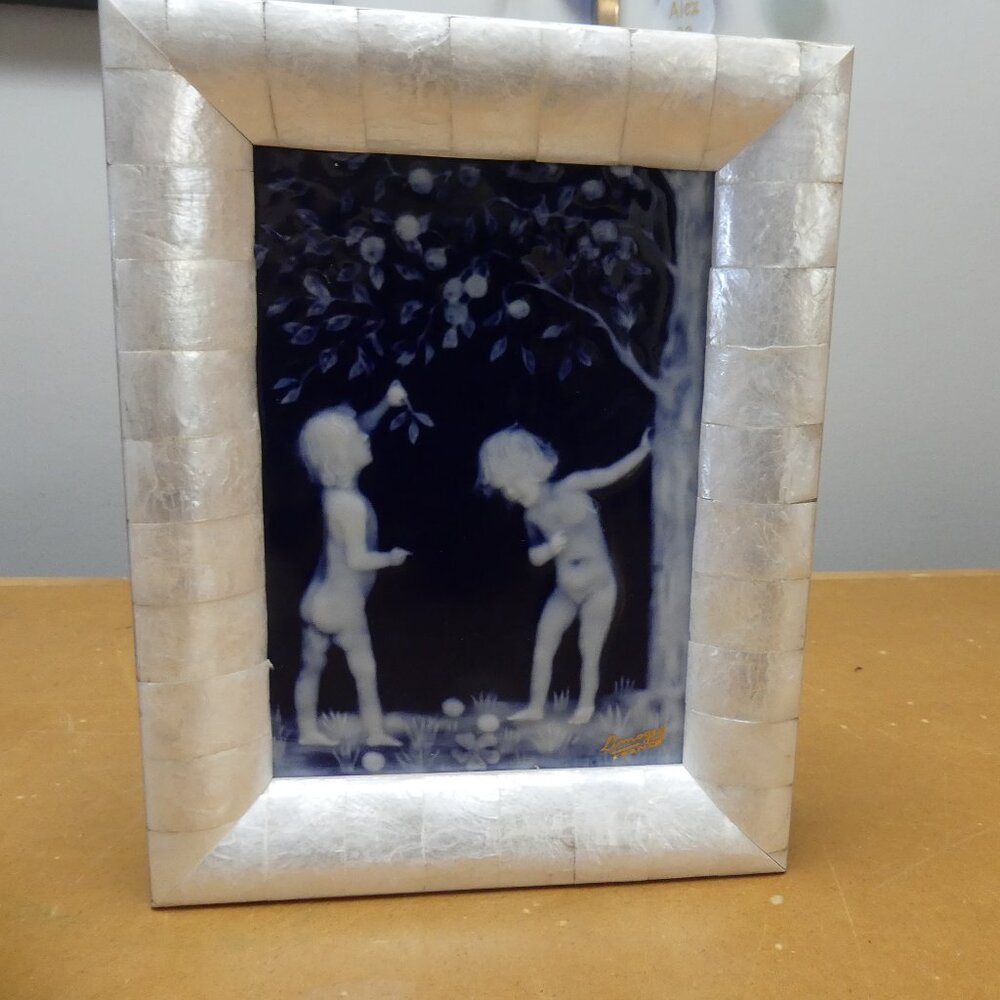 Rare Antique Pate Sur Pate Limoges French children picking apple  (9"x7'x1.5}